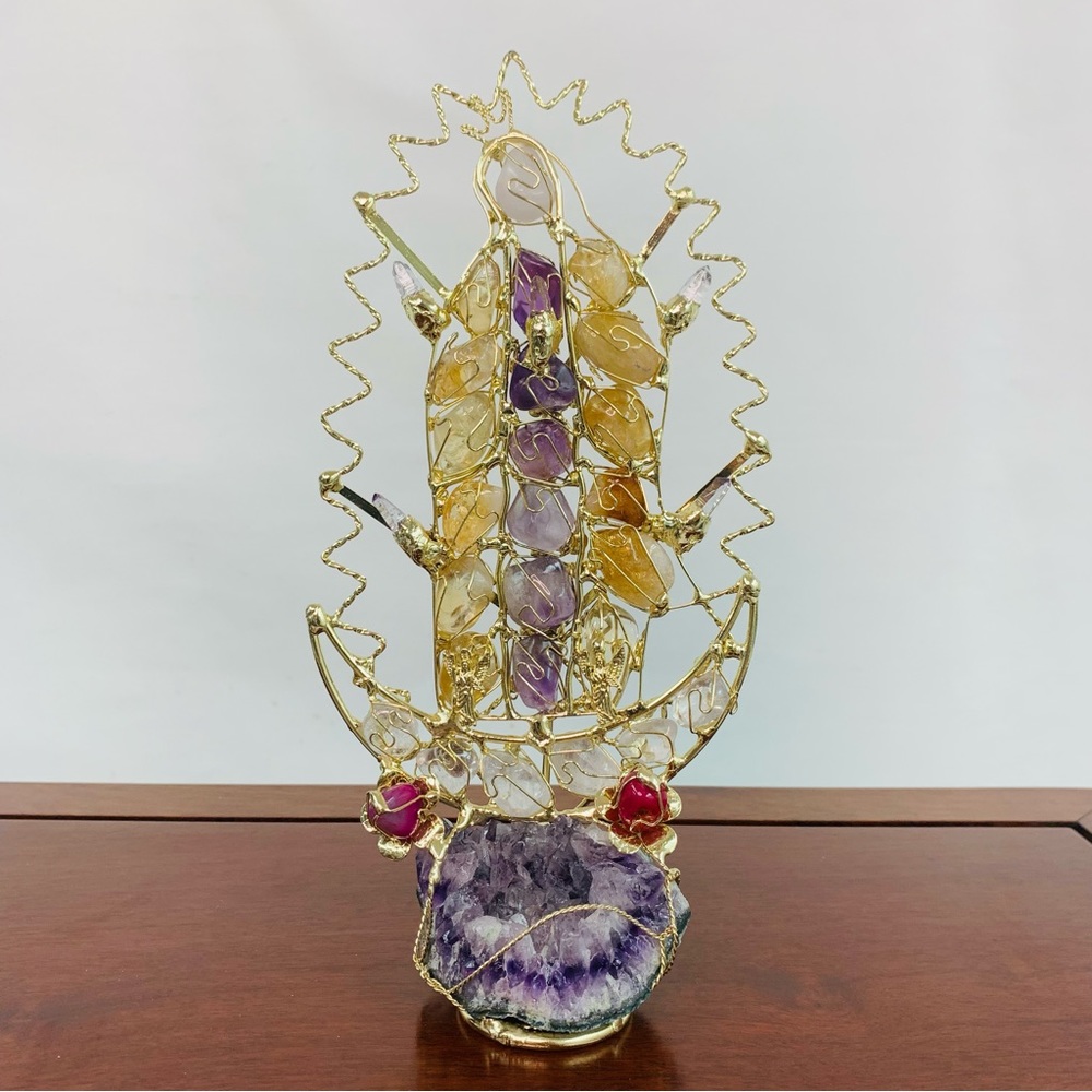 Handmade Artisan Tumbaga, Geode, and Gemstone Virgin Mary Statue Art Decor